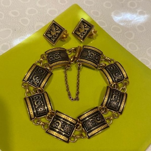 VTG Spanish Damascene Square Gold Link Bracelet and Earrings SET - Picture 6 of 10